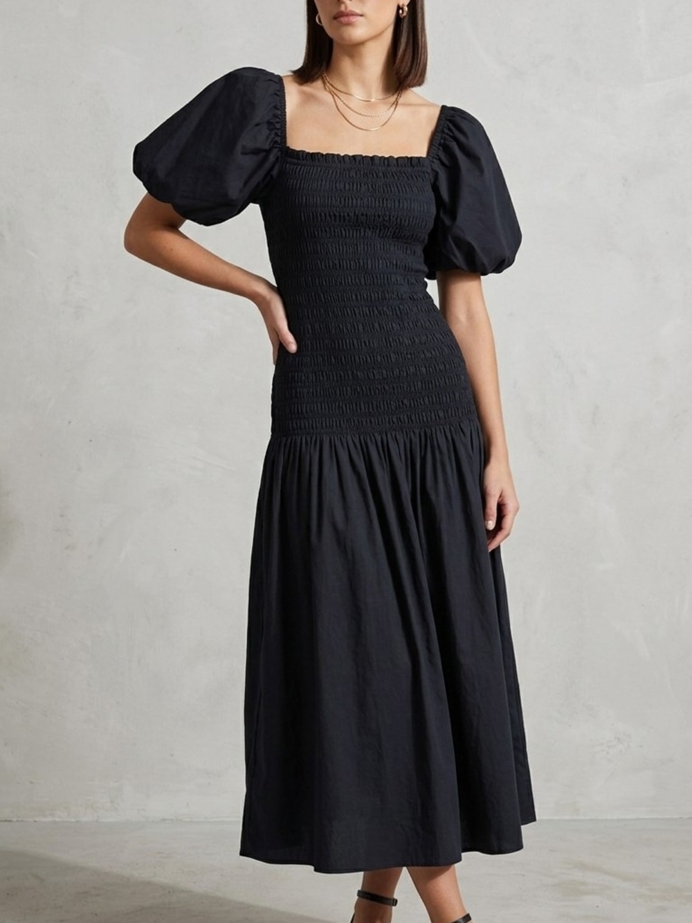 RHODE Black Puff-Sleeve Smocked Midi Dress - Women Size XS